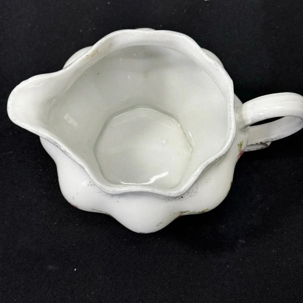 Antique Porcelain Creamer Pitcher Painted Pink Rose Design Decorative Handle‎